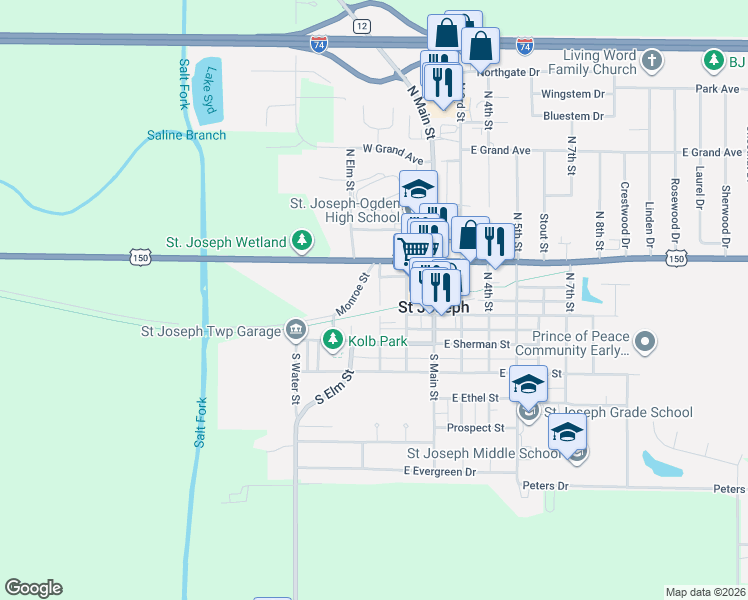 map of restaurants, bars, coffee shops, grocery stores, and more near 199 1st Street in Saint Joseph