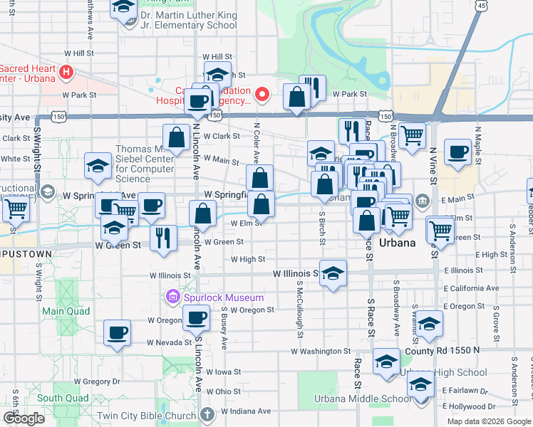map of restaurants, bars, coffee shops, grocery stores, and more near 1 Buena Vista Court in Urbana