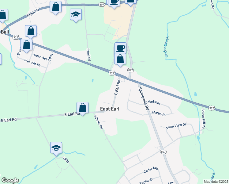 map of restaurants, bars, coffee shops, grocery stores, and more near 1279 East Earl Road in East Earl