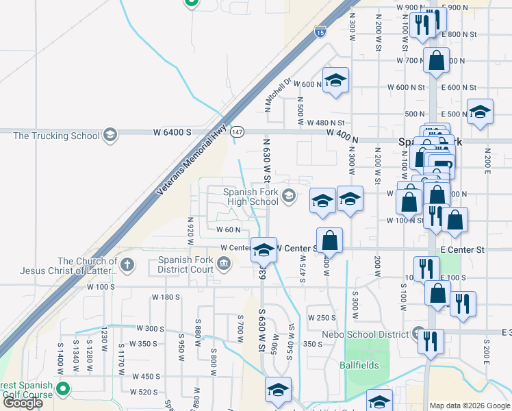 map of restaurants, bars, coffee shops, grocery stores, and more near 667 West 170 North in Spanish Fork