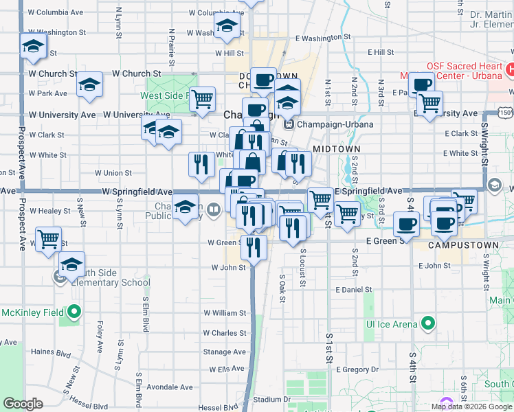 map of restaurants, bars, coffee shops, grocery stores, and more near in Champaign
