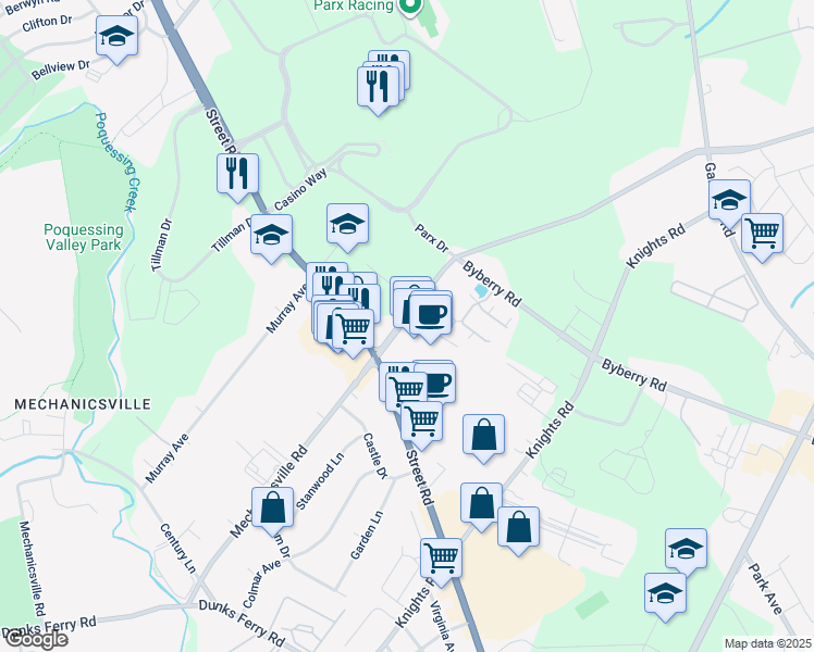 map of restaurants, bars, coffee shops, grocery stores, and more near 3063 Mechanicsville Road in Bensalem
