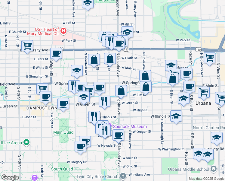 map of restaurants, bars, coffee shops, grocery stores, and more near 106 South Gregory Street in Urbana