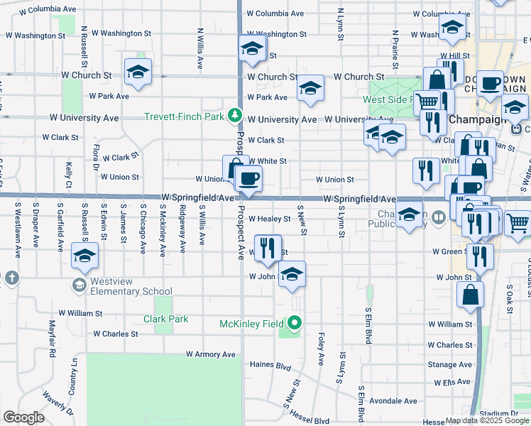 map of restaurants, bars, coffee shops, grocery stores, and more near 809 West Healey Street in Champaign