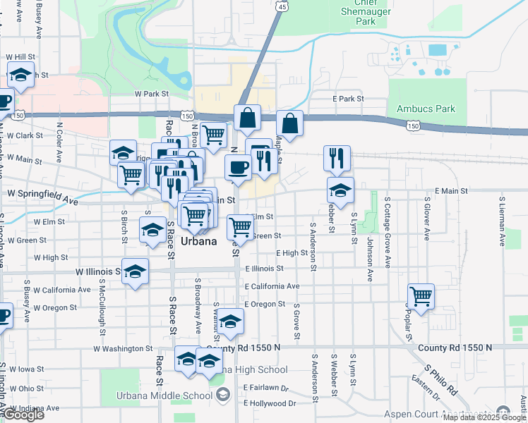 map of restaurants, bars, coffee shops, grocery stores, and more near 405 East Elm Street in Urbana