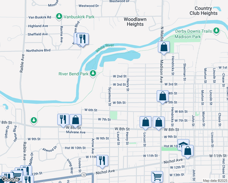 map of restaurants, bars, coffee shops, grocery stores, and more near 1505 West 4th Street in Anderson