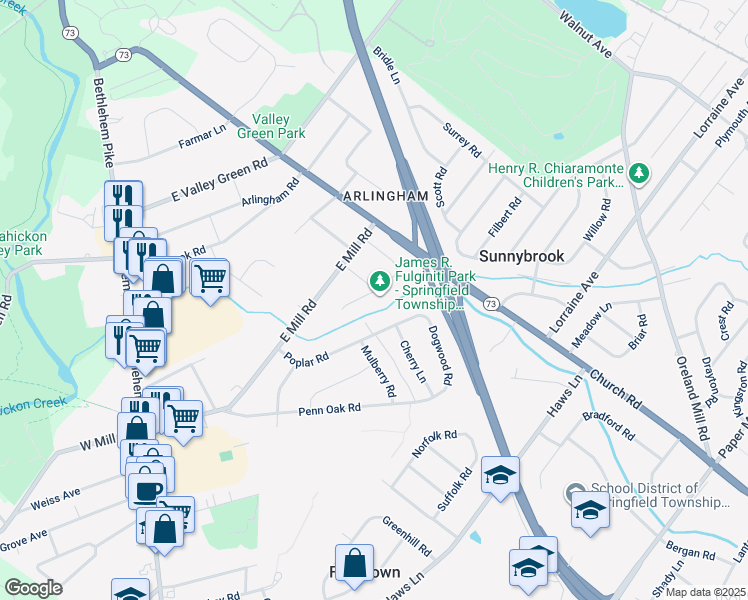 map of restaurants, bars, coffee shops, grocery stores, and more near 412 Hemlock Road in Flourtown
