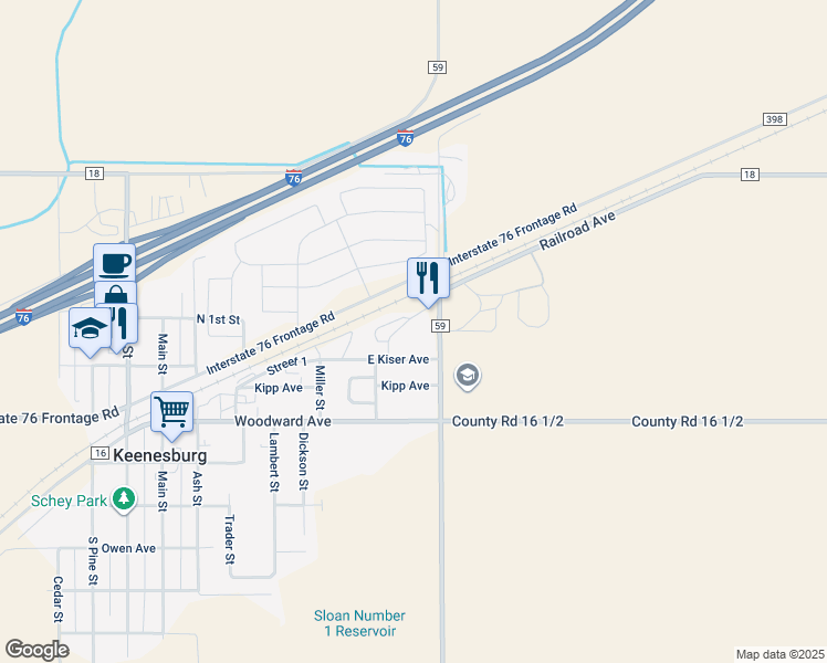 map of restaurants, bars, coffee shops, grocery stores, and more near 595 East Kiser Avenue in Keenesburg