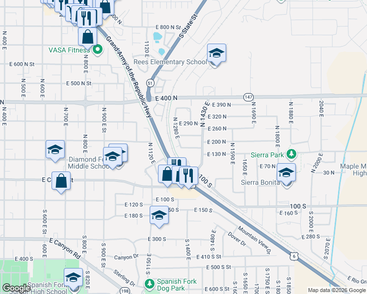 map of restaurants, bars, coffee shops, grocery stores, and more near 1348 East 175 North in Spanish Fork