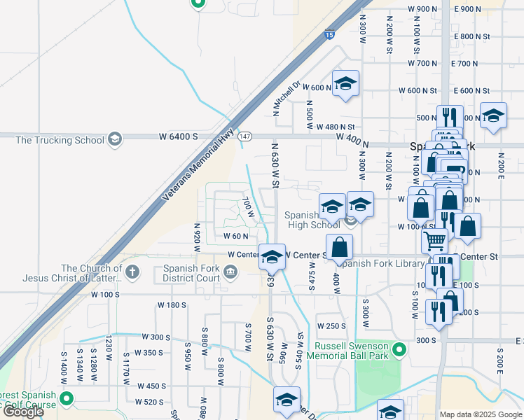 map of restaurants, bars, coffee shops, grocery stores, and more near 668 West 100 North Street in Spanish Fork