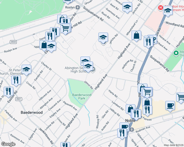 map of restaurants, bars, coffee shops, grocery stores, and more near 900 Highland Avenue in Abington