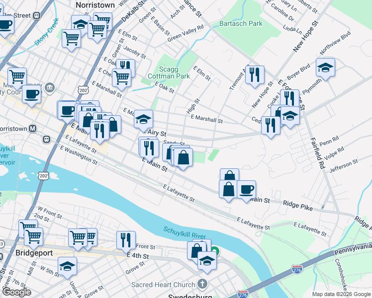 map of restaurants, bars, coffee shops, grocery stores, and more near 219 Ford Street in Norristown