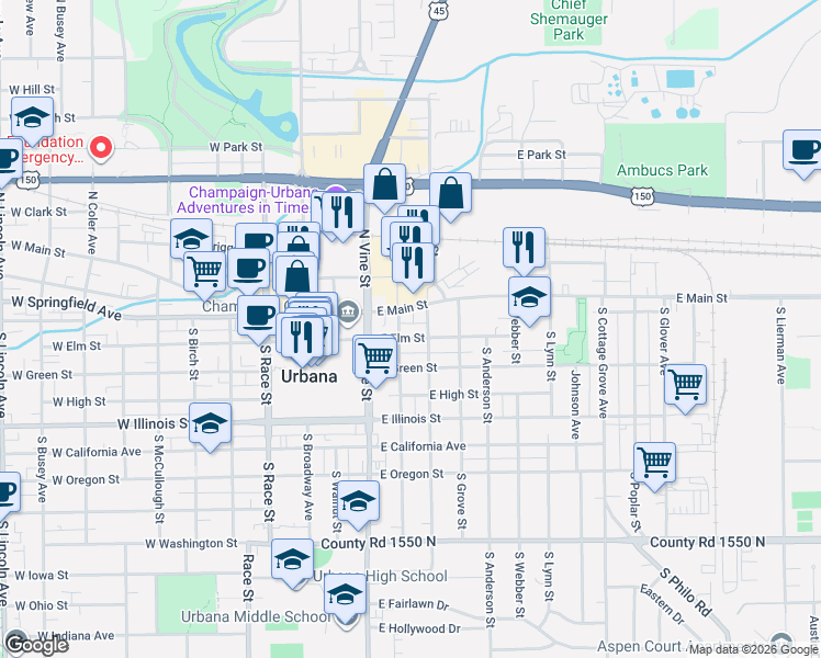 map of restaurants, bars, coffee shops, grocery stores, and more near 405 East Elm Street in Urbana