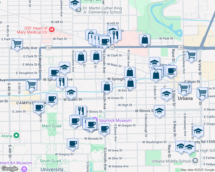 map of restaurants, bars, coffee shops, grocery stores, and more near 107 South Lincoln Avenue in Urbana