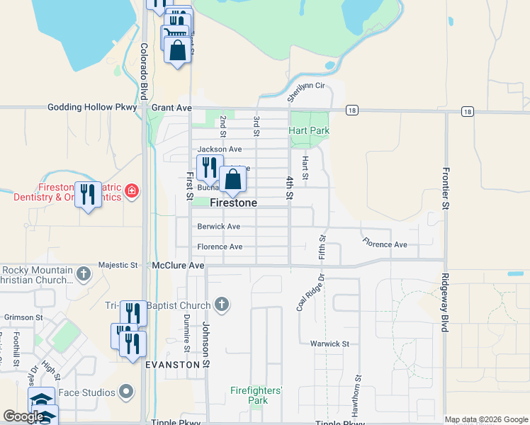 map of restaurants, bars, coffee shops, grocery stores, and more near 277 Berwick Avenue in Firestone