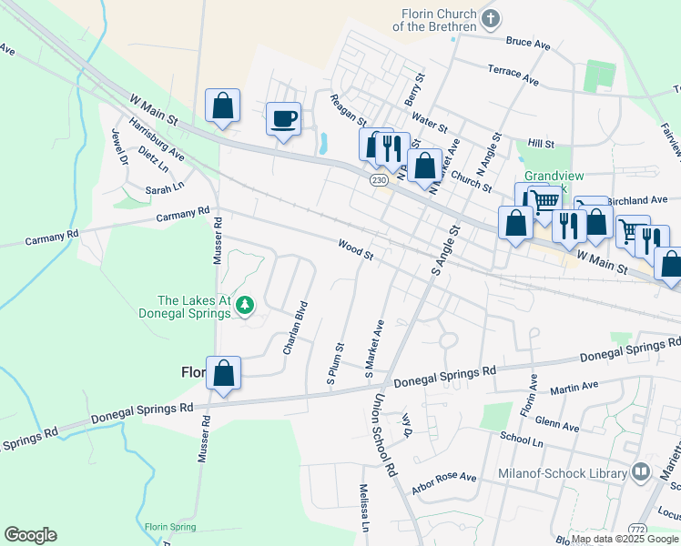 map of restaurants, bars, coffee shops, grocery stores, and more near 909 Liberty Court in Mount Joy
