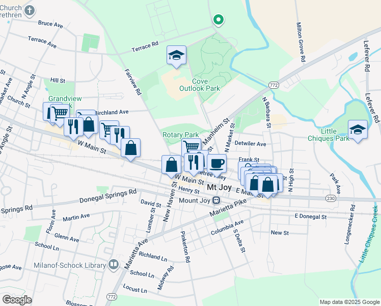 map of restaurants, bars, coffee shops, grocery stores, and more near 126 Manheim Street in Mount Joy