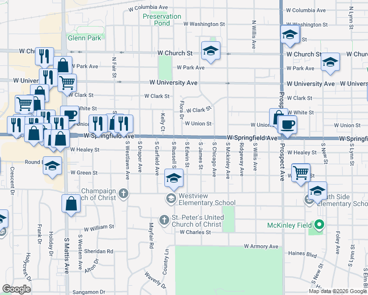 map of restaurants, bars, coffee shops, grocery stores, and more near 1209 West Healey Street in Champaign