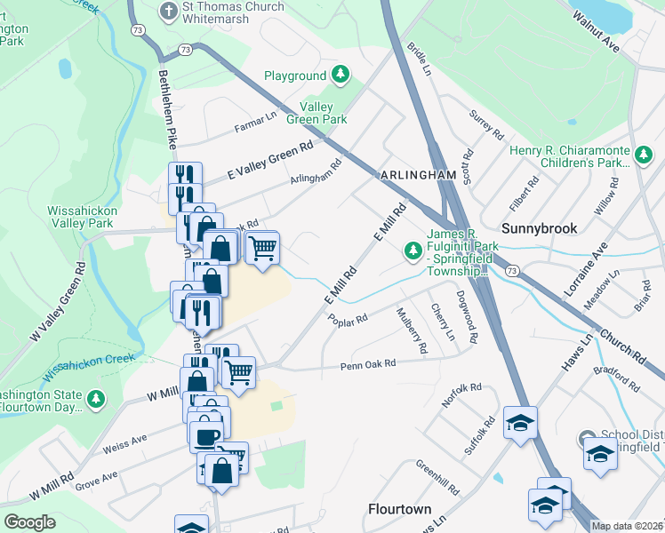 map of restaurants, bars, coffee shops, grocery stores, and more near 197 East Mill Road in Flourtown