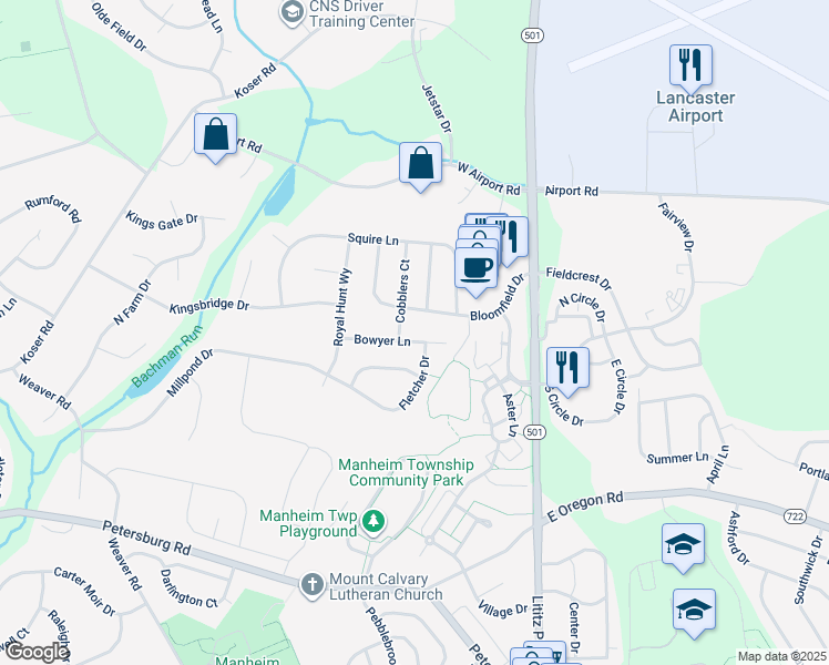 map of restaurants, bars, coffee shops, grocery stores, and more near 311 Bowyer Lane in Lititz