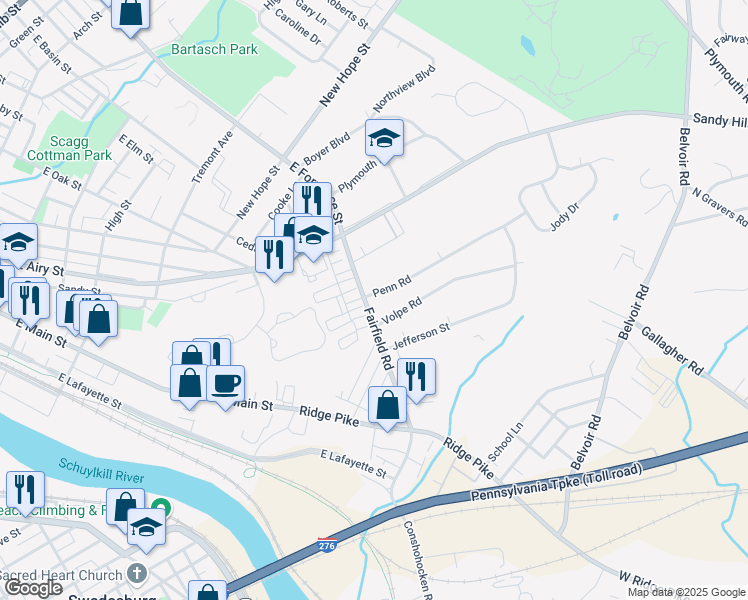 map of restaurants, bars, coffee shops, grocery stores, and more near 514 Fairfield Road in Plymouth Meeting