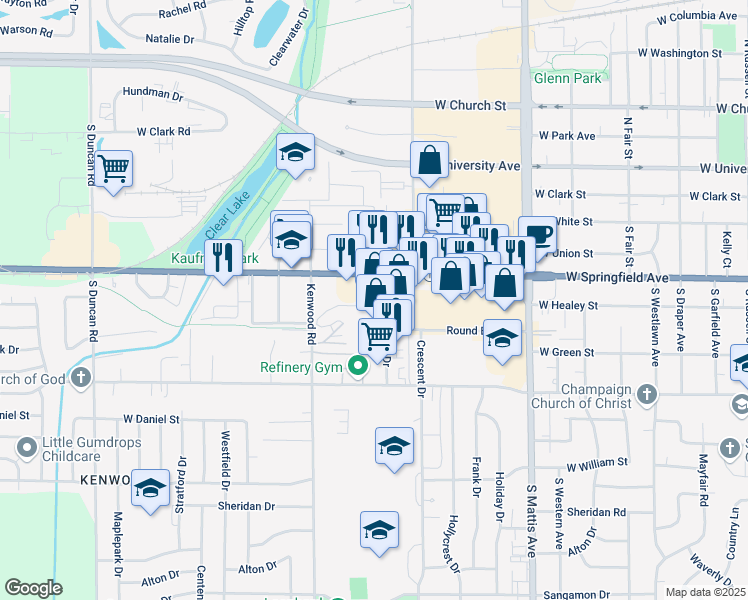 map of restaurants, bars, coffee shops, grocery stores, and more near 502 Kenwood Road in Champaign