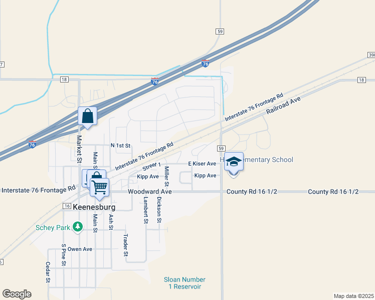 map of restaurants, bars, coffee shops, grocery stores, and more near 1520 Railroad Avenue in Keenesburg
