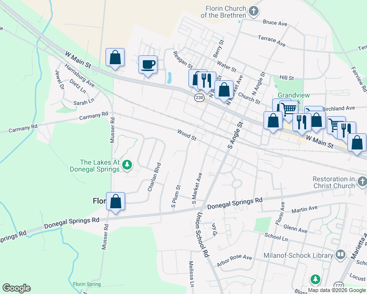 map of restaurants, bars, coffee shops, grocery stores, and more near 410 South Plum Street in Mount Joy