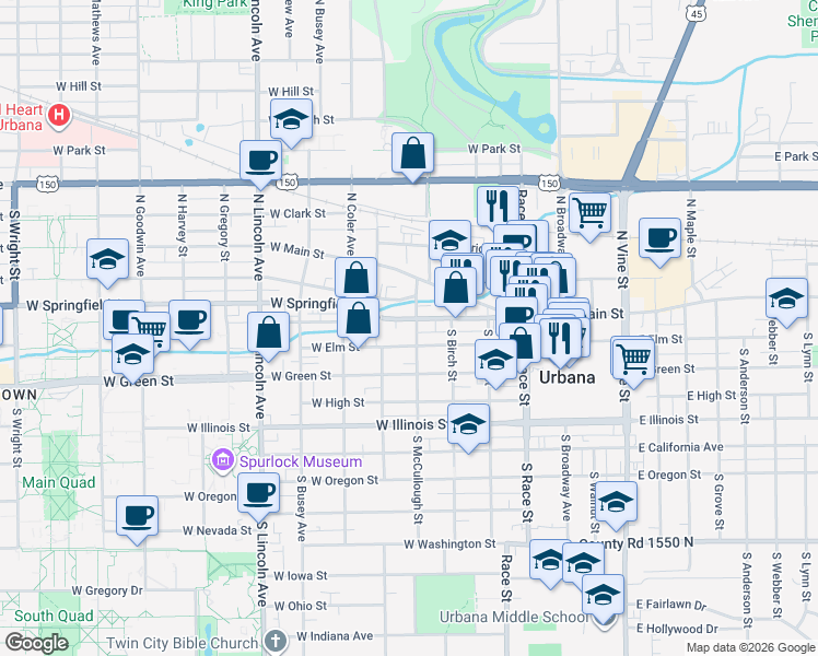 map of restaurants, bars, coffee shops, grocery stores, and more near 103 South McCullough Street in Urbana
