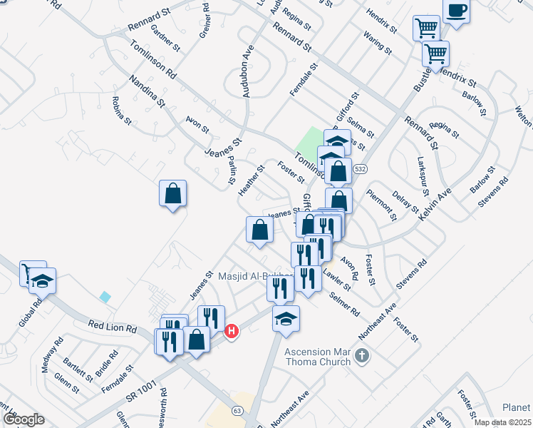 map of restaurants, bars, coffee shops, grocery stores, and more near 10758 Jeanes Street in Philadelphia