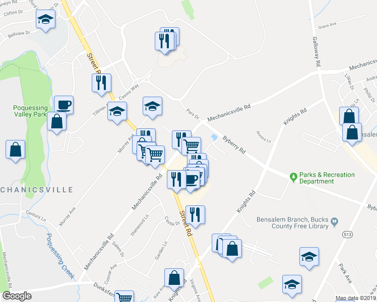 map of restaurants, bars, coffee shops, grocery stores, and more near 3063 Mechanicsville Road in Bensalem