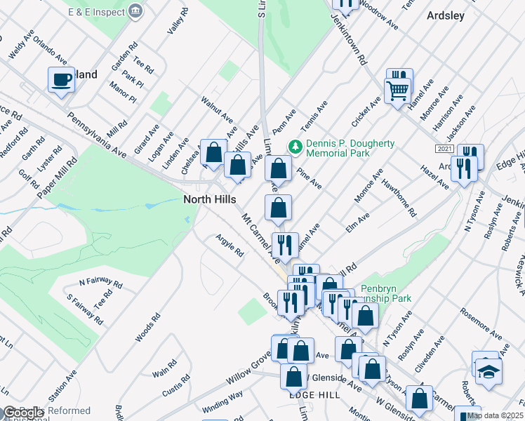 map of restaurants, bars, coffee shops, grocery stores, and more near 122 Cricket Avenue in Glenside