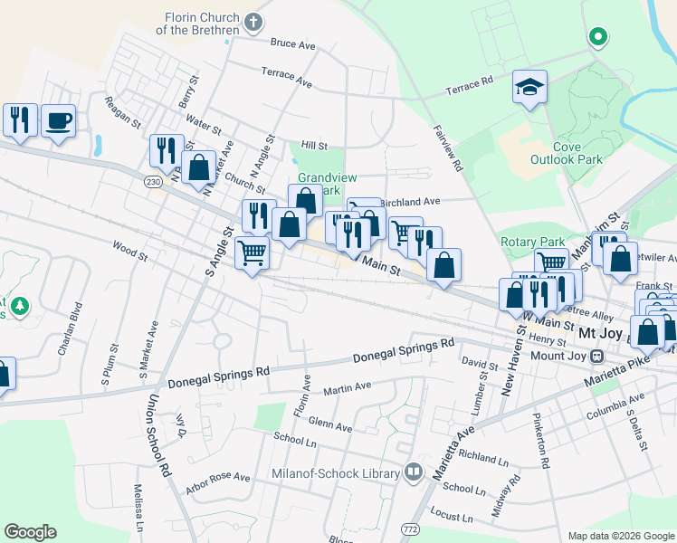 map of restaurants, bars, coffee shops, grocery stores, and more near 540 Clay Alley in Mount Joy