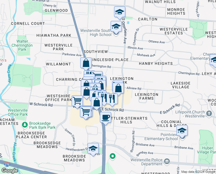 map of restaurants, bars, coffee shops, grocery stores, and more near 50 East Schrock Road in Westerville