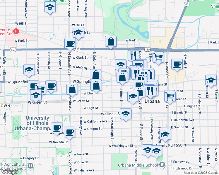 map of restaurants, bars, coffee shops, grocery stores, and more near 507 West Elm Street in Urbana