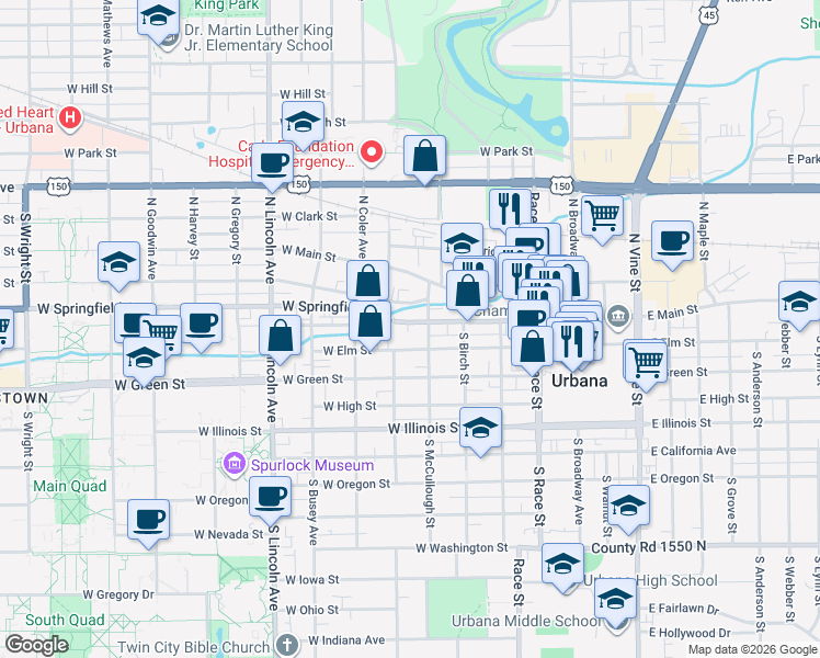 map of restaurants, bars, coffee shops, grocery stores, and more near 507 West Elm Street in Urbana