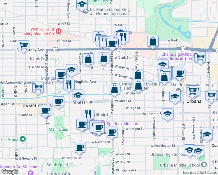 map of restaurants, bars, coffee shops, grocery stores, and more near 107 South Lincoln Avenue in Urbana