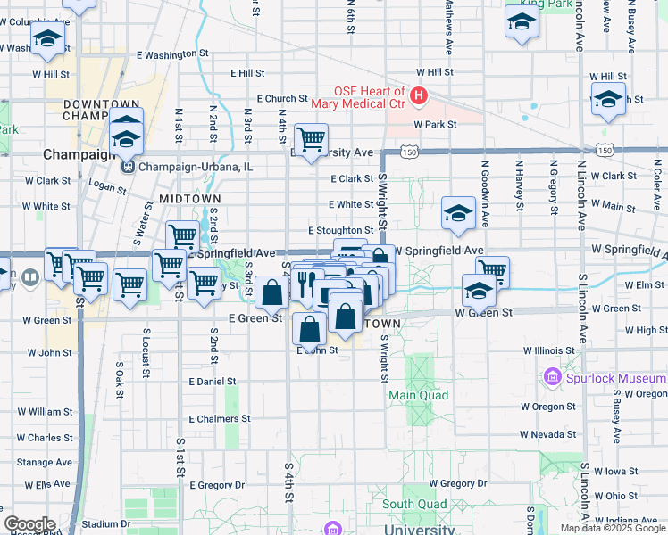 map of restaurants, bars, coffee shops, grocery stores, and more near 505 East Healey Street in Champaign