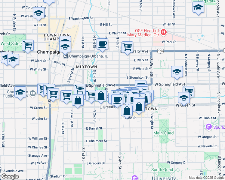 map of restaurants, bars, coffee shops, grocery stores, and more near 308 East Healey Street in Champaign