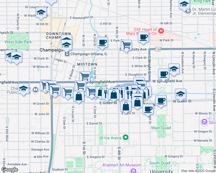 map of restaurants, bars, coffee shops, grocery stores, and more near 308 East Healey Street in Champaign