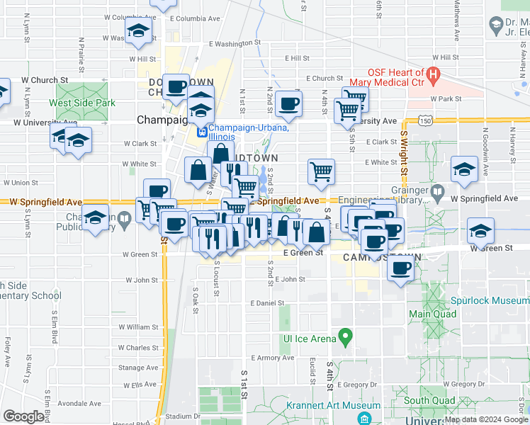 map of restaurants, bars, coffee shops, grocery stores, and more near 507 South 2nd Street in Champaign