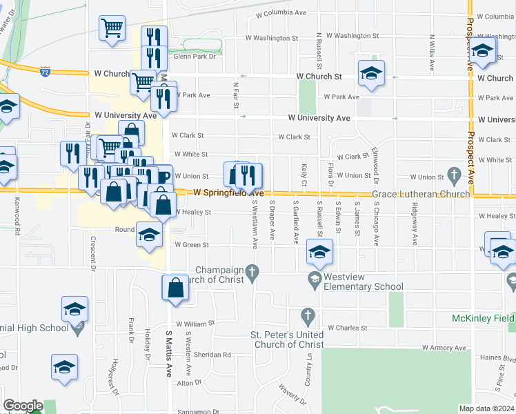 map of restaurants, bars, coffee shops, grocery stores, and more near 501 South Draper Avenue in Champaign