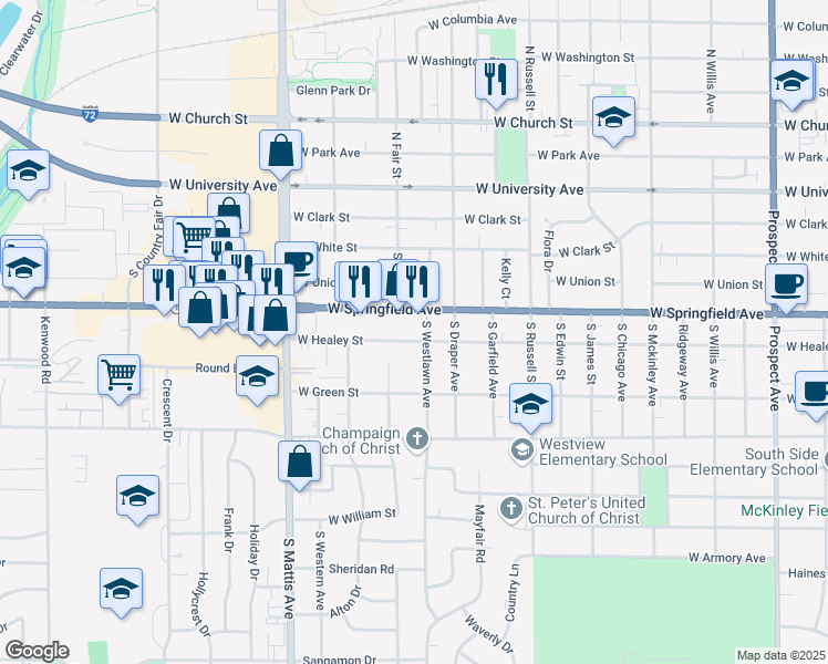 map of restaurants, bars, coffee shops, grocery stores, and more near 1517 West Healey Street in Champaign