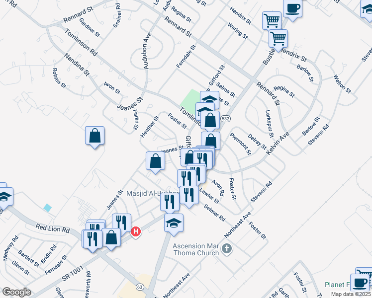 map of restaurants, bars, coffee shops, grocery stores, and more near 10730 Gifford Avenue in Philadelphia