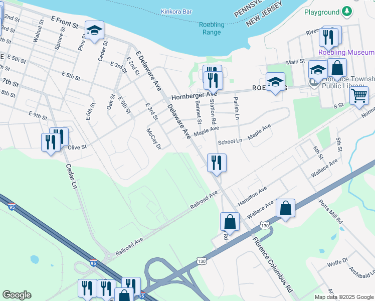 map of restaurants, bars, coffee shops, grocery stores, and more near 930 Maple Avenue in Florence