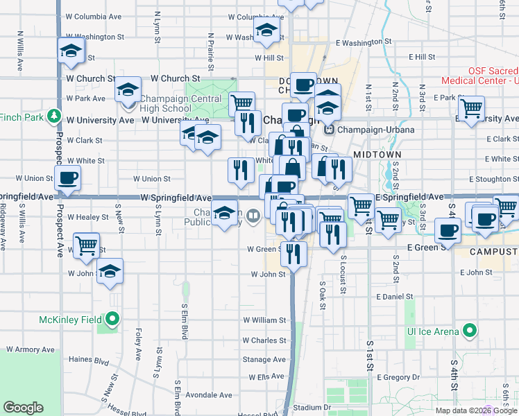 map of restaurants, bars, coffee shops, grocery stores, and more near 201 West Springfield Avenue in Champaign