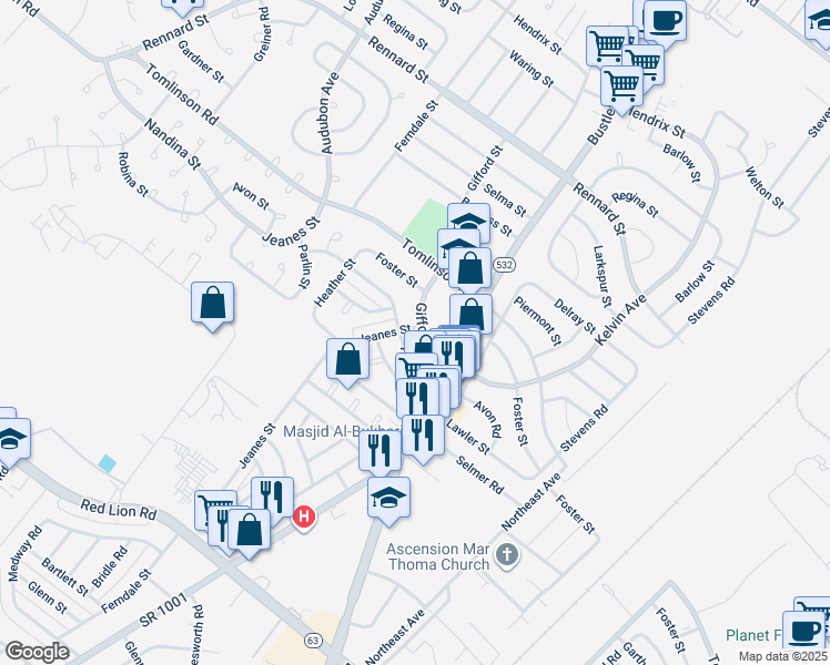 map of restaurants, bars, coffee shops, grocery stores, and more near 10730 Gifford Avenue in Philadelphia