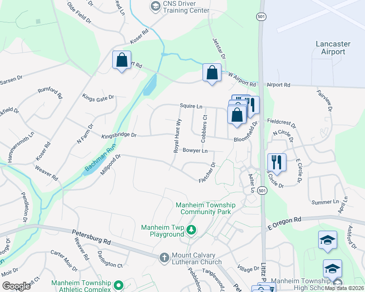 map of restaurants, bars, coffee shops, grocery stores, and more near 332 Bowyer Lane in Lititz