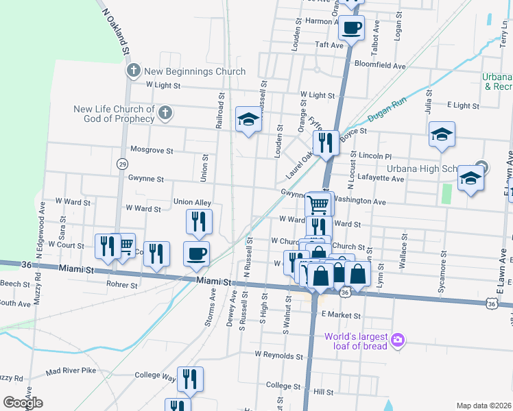 map of restaurants, bars, coffee shops, grocery stores, and more near 326 North High Street in Urbana