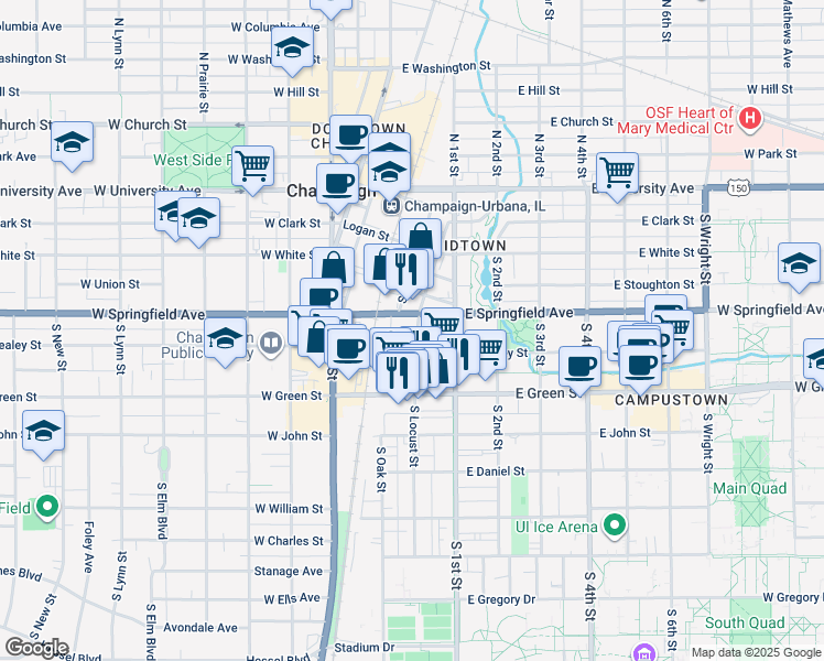 map of restaurants, bars, coffee shops, grocery stores, and more near 503 South Locust Street in Champaign